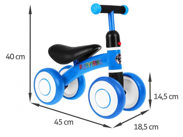 Pierwszy Rowerek biegowy PettyTrike dla dzieci Niebieski 4-kołowy